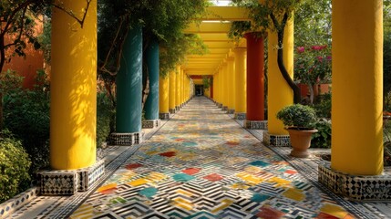 Colorful tiled pathway lined with vibrant columns