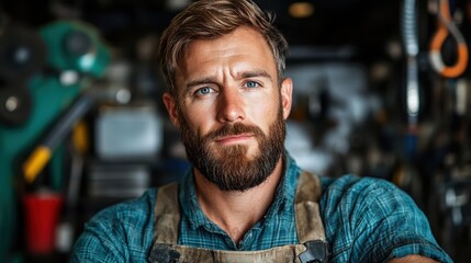 A ruggedly handsome craftsperson in a plaid shirt, embodying confidence and skill in their craft, creating a strong connection to manual work and the satisfaction it brings.