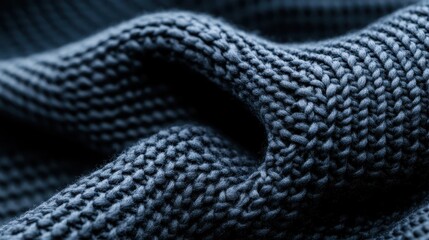 A close-up view of beautifully woven navy blue knit fabric, displaying intricate textures and patterns that highlight the artistry of textile design.