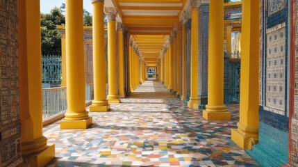 Colorful tiled walkway with yellow pillars
