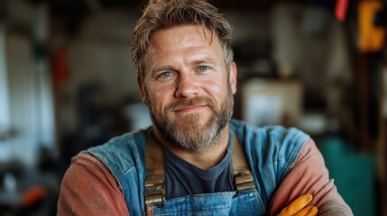 A skilled artisan stands confidently in his workshop, surrounded by tools and materials, embodying craftsmanship, dedication, and the joy of creating unique handmade items.