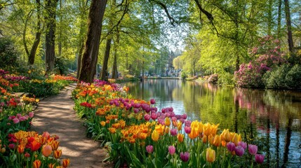 Colorful tulips line canal path in sunlit park