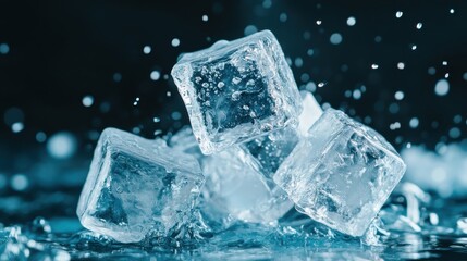 A stunning close-up of ice cubes scattered in water droplets, emphasizing the clarity and sparkle of each cube against a dreamy blue backdrop, perfect for invoking freshness.