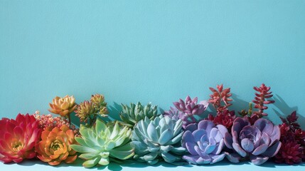 Rainbow succulent plants arrangement against blue background
