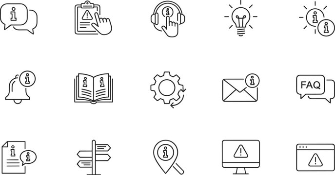 Customer support and help center line icon set featuring faq bubbles, technical assistance, information services, and global communication symbols. - Powered by Adobe