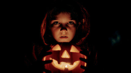 Close-up portrait of a child's face illuminated by the warm glow of a Halloween pumpkin