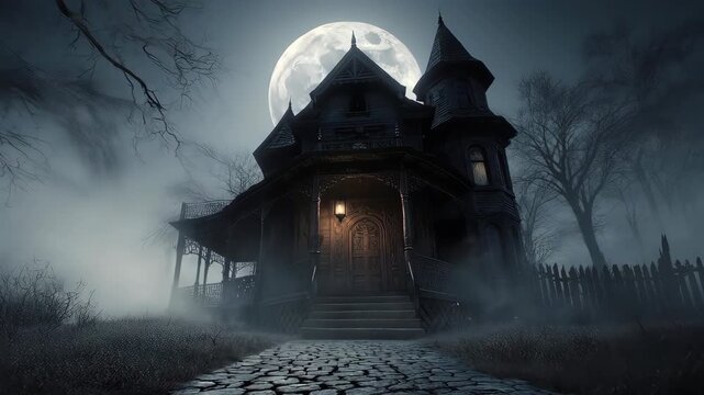 Spooky Victorian mansion under a full moon