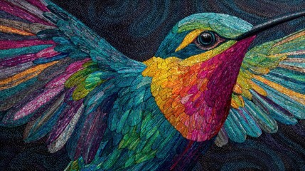 Vibrant hummingbird mosaic art with celestial background