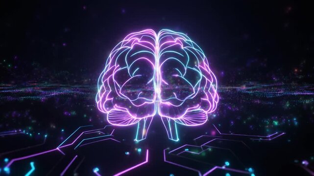 Vibrant neon brain illustration with glowing circuits on a dark background