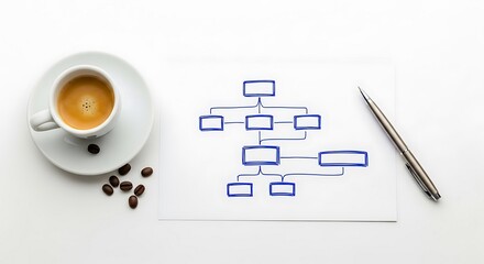 Business Organization Chart Planning with Coffee and Pen.