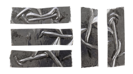 Set of Five Black Duct Tape Pieces with Silver Nails Isolated on White Background