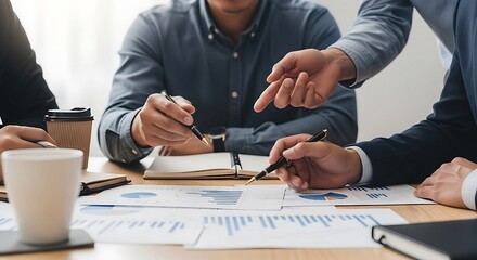Business professionals collaborating on a project at a meeting table.