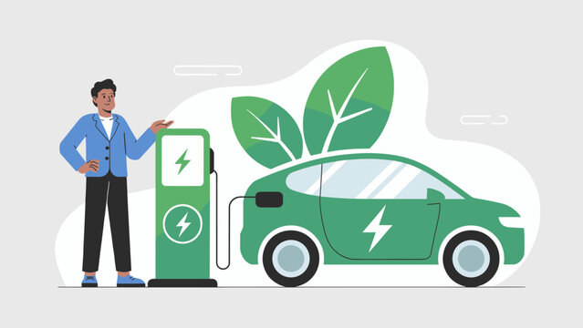 man charging a green electric car at a station vector illustration