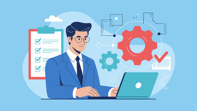 businessman working on a laptop with a checklist and gears vector illustration