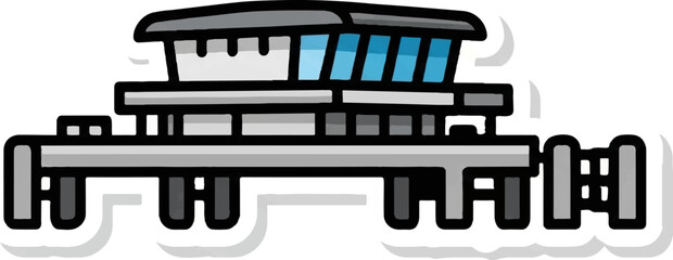A stylized cartoon illustration of a modern, multi-level structure with a blue-windowed upper section, on a raised platform