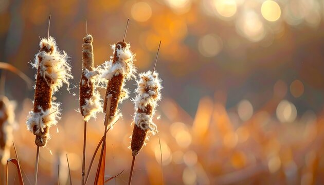 Close-up of cattails with sunlit seed fluff, set against a warm bokeh background in autumn