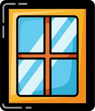 A simple illustration of a window with a yellow frame and blue glass panes divided by orange mullions