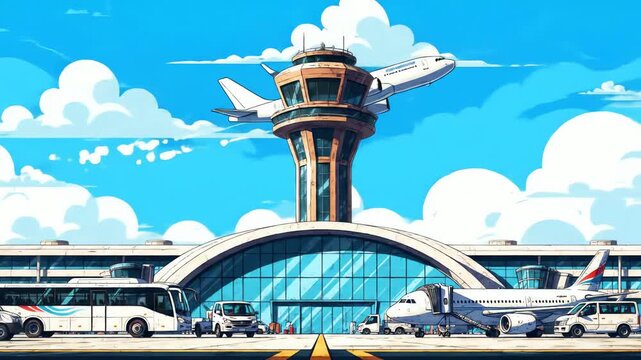 Busy Airport Terminal with Control Tower and Airplanes Taking Off and Landing.