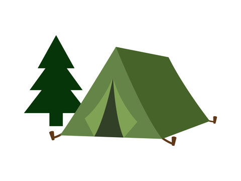 Camping tent vector illustration. Green camp shelter at the forest campsite.