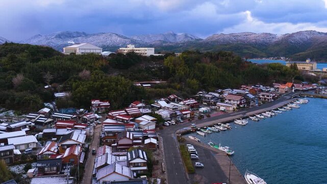 Ama Town in Oki Islands, Winter Snow on Mountains, Aerial Establishing Shot