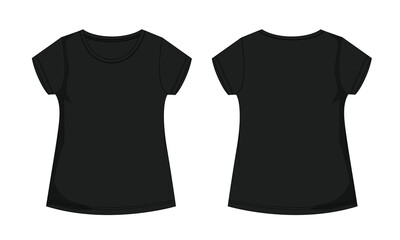 Regular fit Short sleeve basic t shirt vector template for ladies and baby girls. Technical fashion flat sketch with crew neckline illustration black color  mock up front, back 
