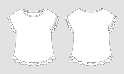 Women's Ruffled Sleeve and Hem T-Shirt Flat Sketch template