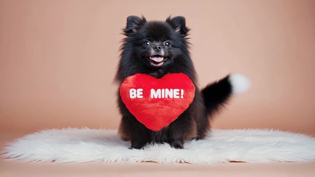 Cute Black Pomeranian Dog Holding Red Heart with Be Mine Text on Fluffy White Rug