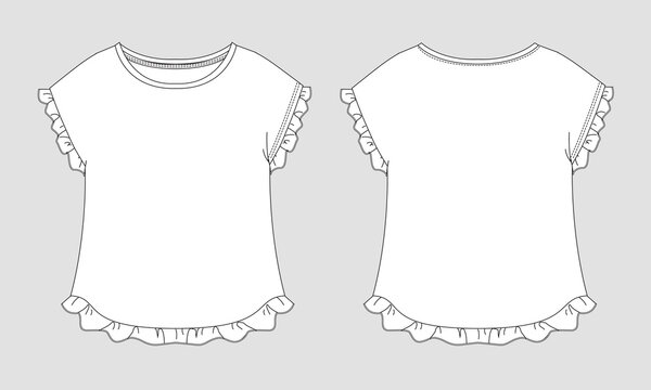 Women's Ruffled Sleeve and Hem T-Shirt Flat Sketch template