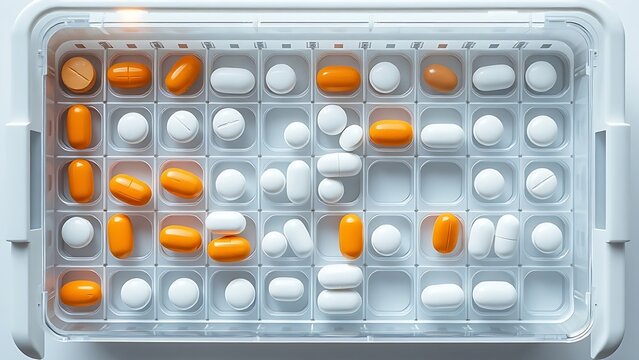 dimer. Pill organizer with tablets in sequence, clinical top view, geometric arrangement. STEM education sheets, lab safety posters, designed for biotech research communications.