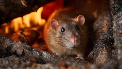 A close-up of a brown rat peeking out from a dark, rough-textured opening.A curious mouse peers from between charred logs, whiskers glowing in the warm firelight as embers flicker behind it.