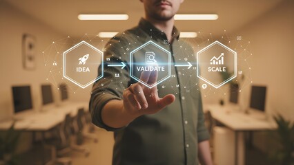 Business concept of idea validate and scale growth strategy with modern office background