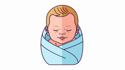A stylized illustration of a sleeping baby swaddled in a light blue blanket