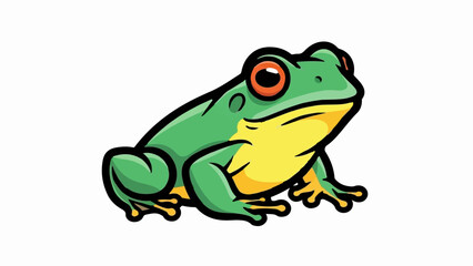 Obraz premium A vibrant green and yellow cartoon frog with large orange eyes, outlined in black, on white background