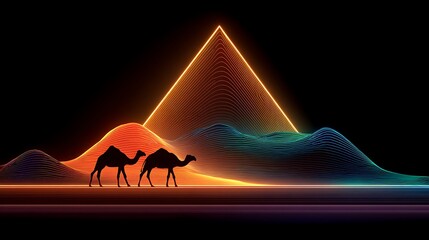 Silhouetted Camels Walking Past Neon Wavy Hills desert Photo