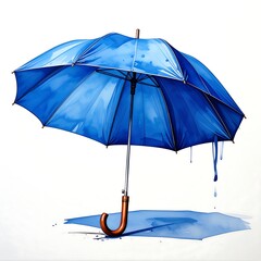 Watercolor Blue Umbrella Illustration on White Background.