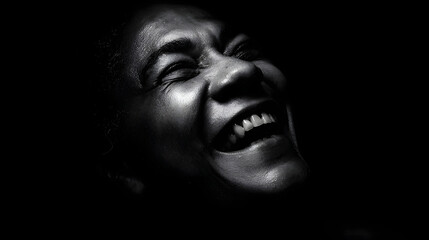 Dramatic black and white close-up capturing an older woman's genuine, heartfelt laughter, her expressive face beautifully lit with high contrast