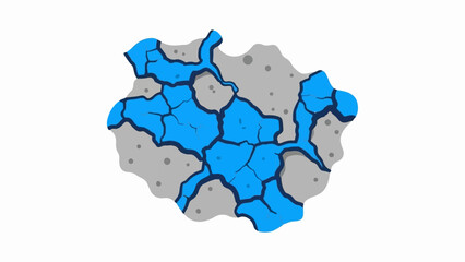 Abstract illustration of a fragmented, cracked gray mass with bright blue liquid filling the crevices, against white