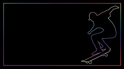 Skateboarder Silhouette Performing Trick Against Rainbow Neon Border skateboarding Photo