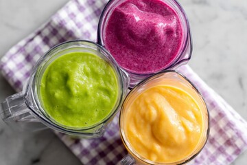 Vibrant green, yellow, purple smoothies in clear pitchers, healthy refreshing beverages perfect for wellness lifestyle