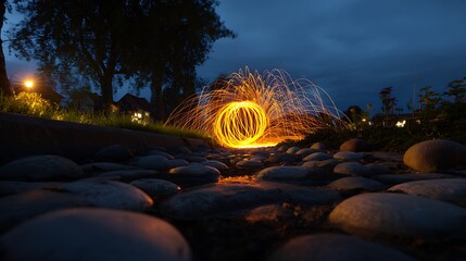 Spinning Steel Wool Fireball in a Rocky Stream Bed at Night sparks light painting Photo