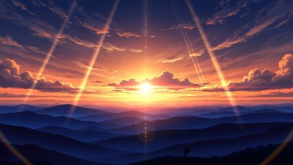 Stunning Anime Style Sunset Over Layered Mountains with Radiant Sunbeams and a Solitary Figure
