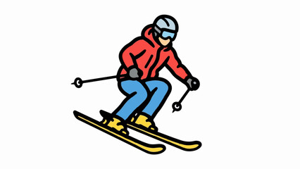 Obraz premium A skier in a red jacket and blue pants skis down a slope, holding poles