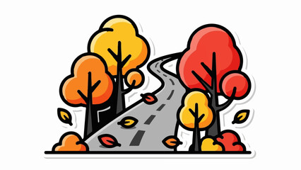 Obraz premium A vibrant illustration of a winding road through an autumn forest with colorful trees and fallen leaves