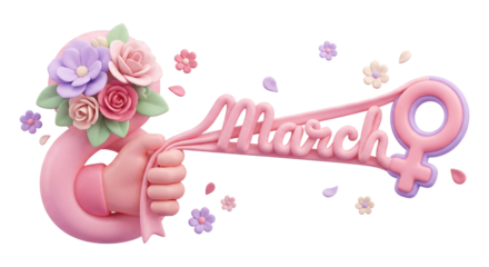 3D illustration of hand holding a flower bouquet and March symbol representing Women's Day for holiday branding