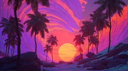 Surreal Sunset with Palm Trees and Swirling Sky clouds Photo