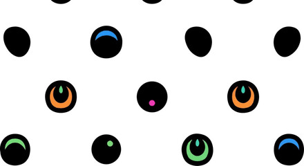 Abstract pattern of black circles on white, some with colorful crescent and dot shapes resembling eyes
