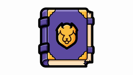 A stylized purple fantasy book with gold corner details and a gold lion head emblem on the cover