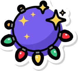 A stylized purple sphere decorated with a colorful string of festive lights and yellow stars