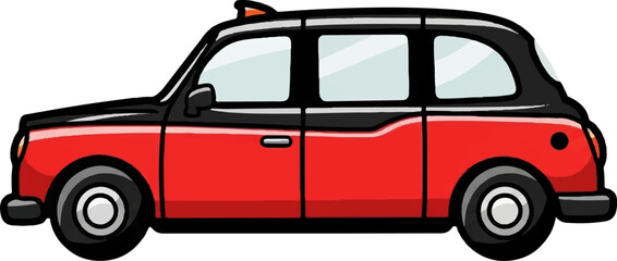 A stylized red and black classic vehicle with windows