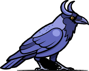 A stylized raven with blue and purple feathers and pointed horns on its head